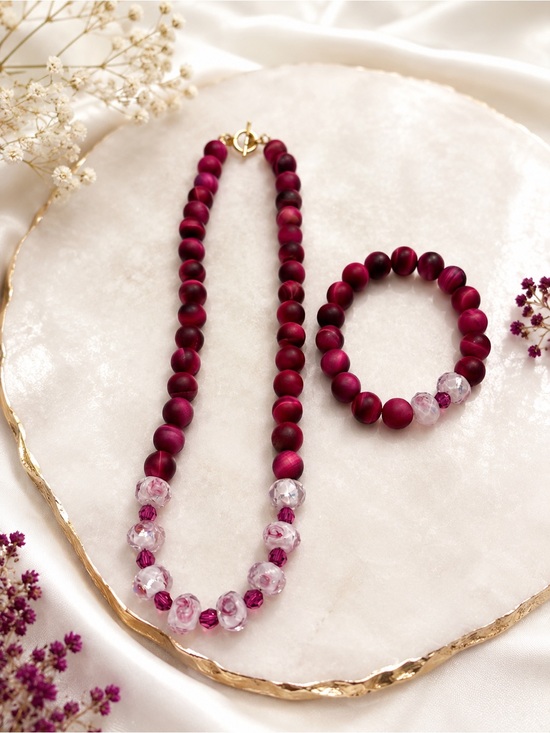 Jewelry - Handmade Matte Fuchsia Beaded Necklace and Bracelet Set